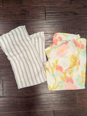 Gray Striped & Floral Pastel Muslin Swaddles Baby Blankets Lot Of 2